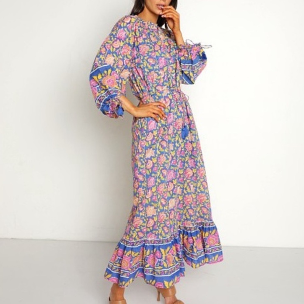 Cleobella Maxi Dress Hilo Kaftan Tahiti Block Print Boho Mediterranean Size M